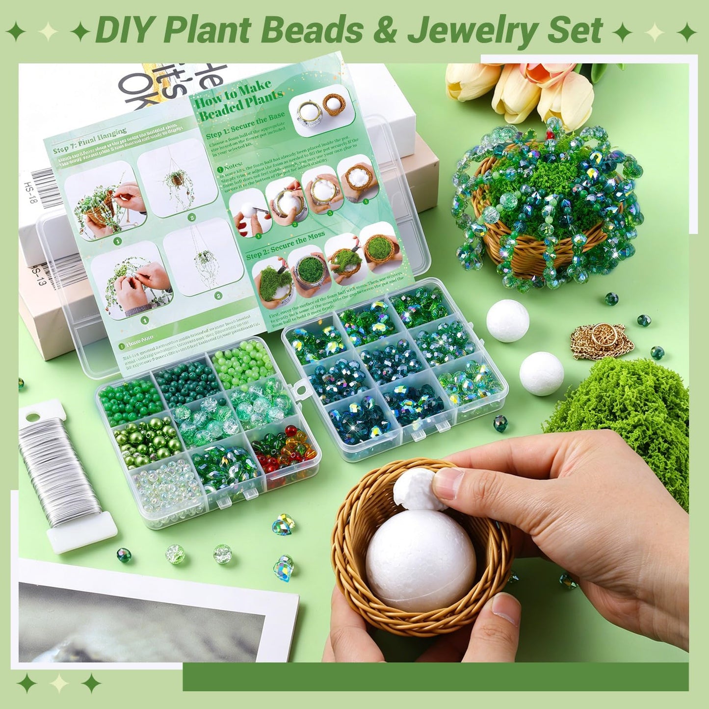 Wurosi 853 PCS Green Beaded Plant Kit with Rattan Basket, Green Beads for Beaded Plants with Hanging Chain and Video Manual, Forever Plant Beaded Making Kit for Jewelry Making and DIY Crafts