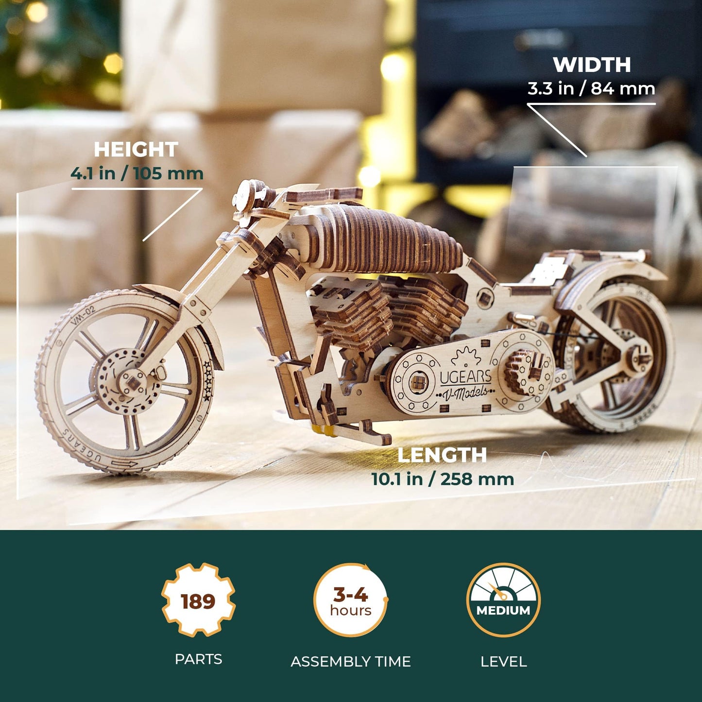 UGEARS Bike DIY Kit – Wooden Mechanical Motorcycle Project – Bike VM-02 Rubber Band Engine – for Vehicle Passionate and Bikers – Plywood Model with Wide Back Wheel – Refined Gift Idea