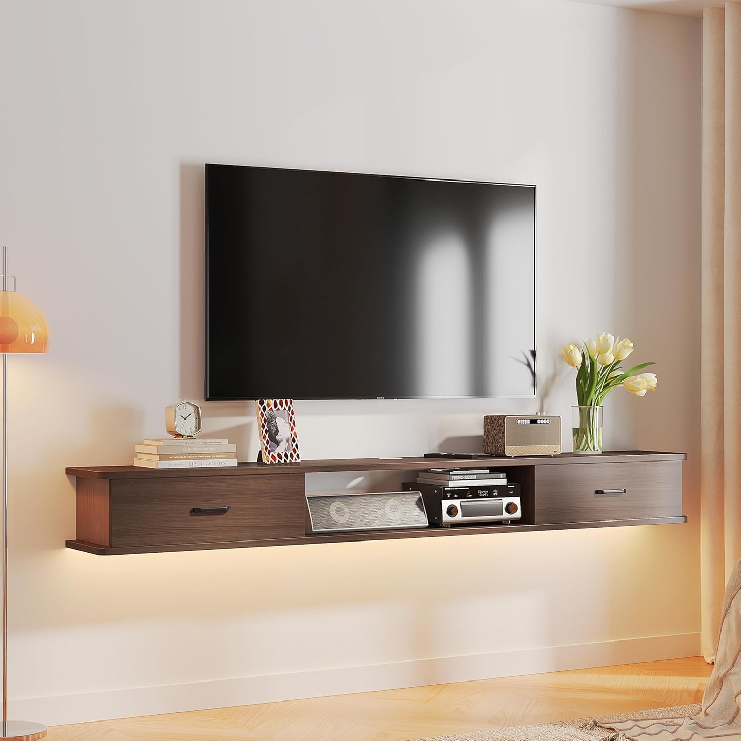 Floating TV Stand with 2 Doors,94'' Wall-Mounted TV Console,Floating TV Cabinet,Floating Console Shelf,Wall Mounted TV Cabinet(Walnut)