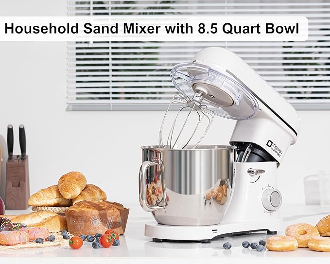 Kitchen in the box Stand Mixer - 8.5 Quart Mixing Bowl with Handle, 900 Watt Heavy Bread Dough Standing Mixers Tilt-head with Dough Hook, Whisk, Flat Beater and Splash Guard (Cream White)