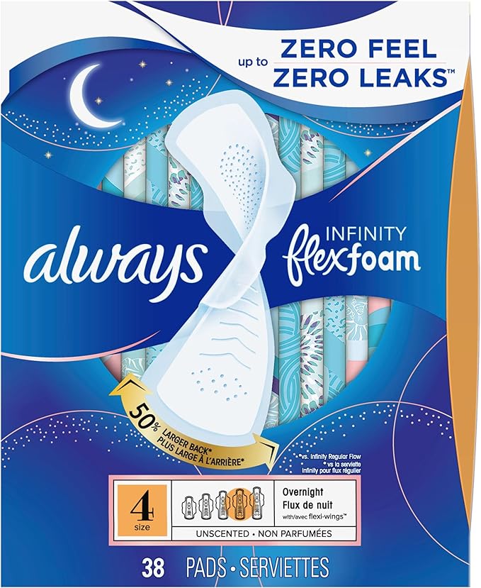 Always Infinity Feminine Pads for Women, Flexfoam Pads with Wings, Size 4, Overnight Absorbency, Unscented, 38 Count