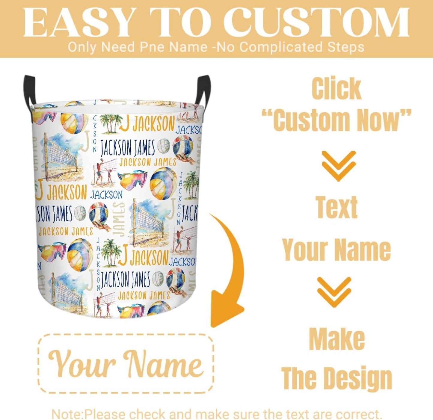 Personalized Volleyball Laundry Basket, Custom Sports Laundry Hamper With Name Gifts For Kids Baby Adults, Collapsible Dirty Clothes Storage Organizer With Handles M 19.6 X 15.7in