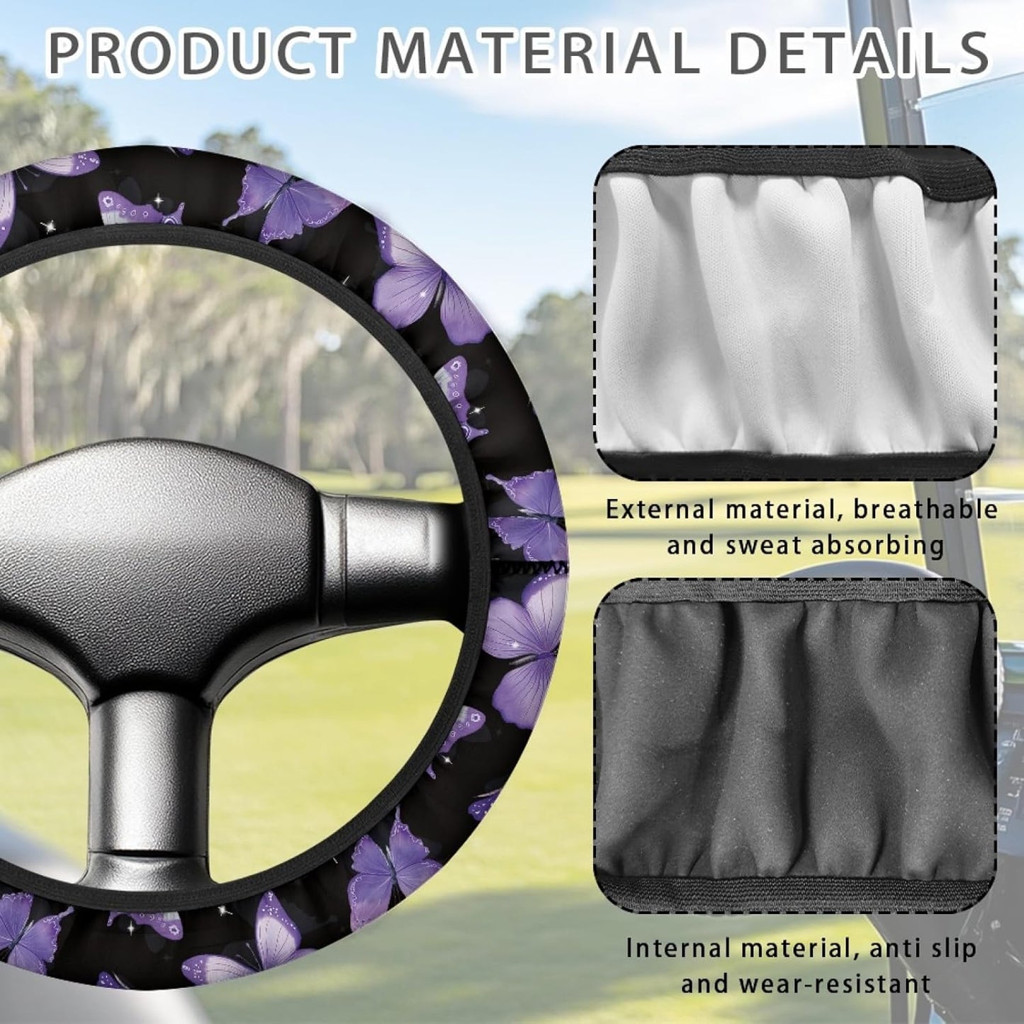 Purple Butterfly Golf Cart Steering Wheel Cover 13 Inch - 14 Inch Club Cars Wheel Covers Universal Golf Cart Accessories Great Gifts for Golfer