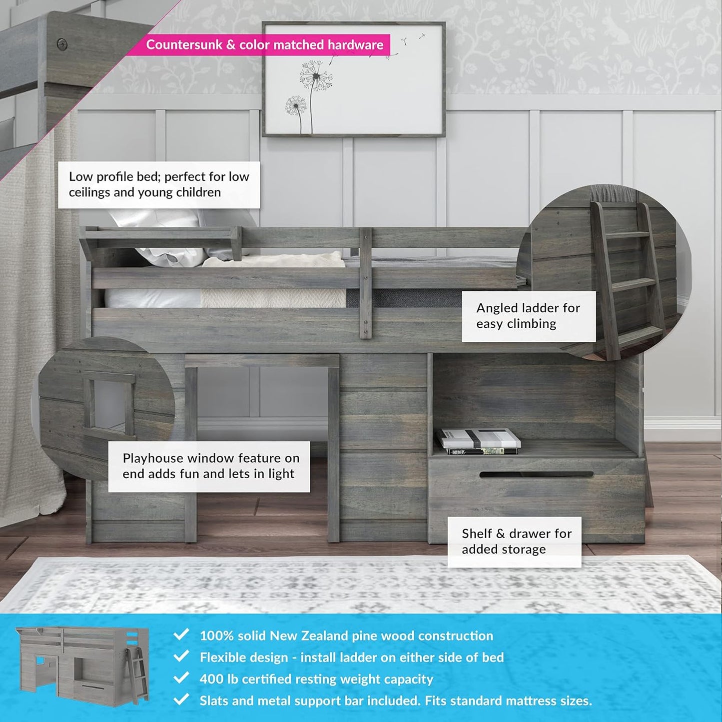 Max & Lily Loft Bed Twin Size, Solid Wood Low Loft Bed with Storage Drawer and Ladder, Modern Farmhouse Loft Bed for Kids, Driftwood