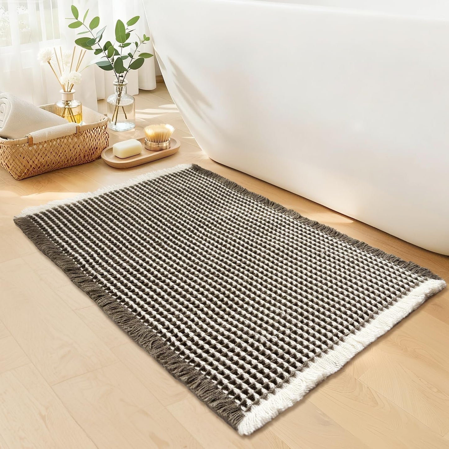 Waffle Bath Mat - Boho Bathroom Rugs Non Slip Washable, Super Absorbent & Quick Dry, Soft Bath Mat Farmhouse Bathroom Decor, 20'' x 32'', Olive Green and White