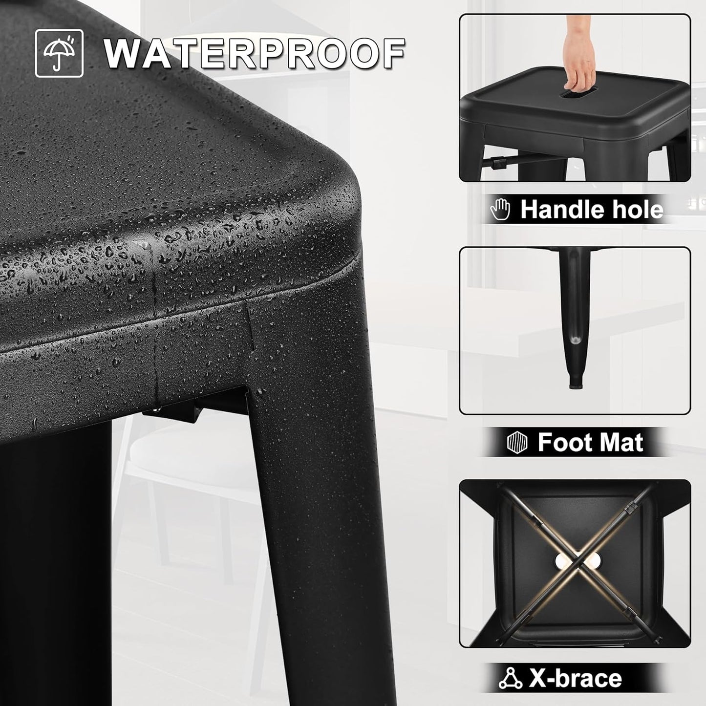 30 Inches Metal Bar Stools, High Backless Stools, Indoor Outdoor Stackable Kitchen Stools, Set of 4, Dark