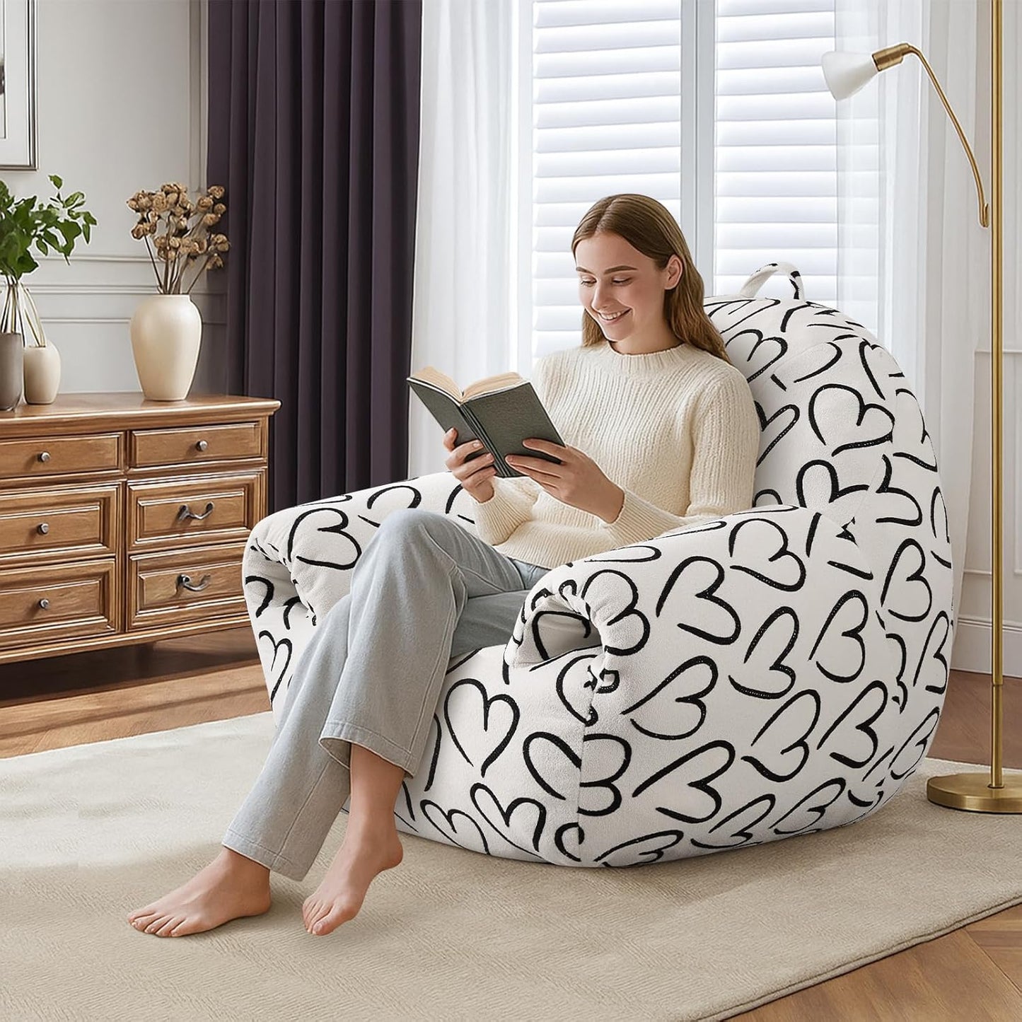 DAICO Bean Bag Chairs for Adults, Comfy Bean Bag Sofa Chair with Handle, Single Lazy Floor Sofas Accent Chair with Foam Bean Bag Couch for Living Room Bedroom Reading Gaming, White Cordate