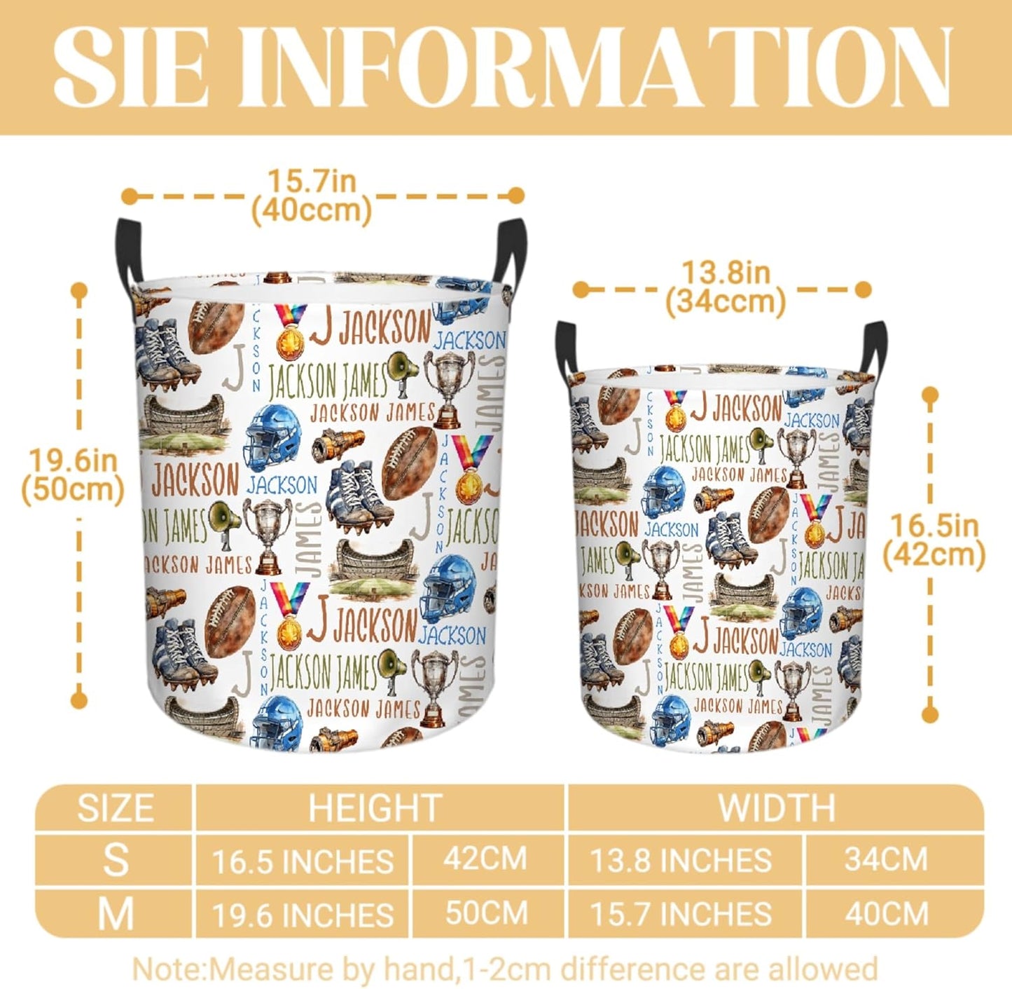 Personalized Football Laundry Basket, Custom Sports Laundry Hamper With Name Gifts For Kids Baby Adults, Collapsible Dirty Clothes Storage Organizer With Handles M 19.6 X 15.7in