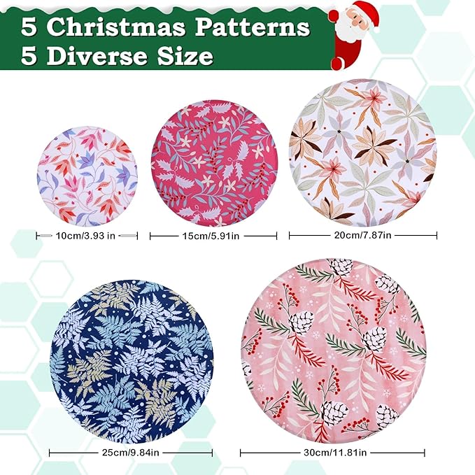 5-Size Beeswax Bowl Covers for Bread Proofing, Reusable Cotton Cloth Bowl Covers, Flexible Beeswax Wraps for Food Storage Christmas Holiday Kitchen Decor(Pinecones)