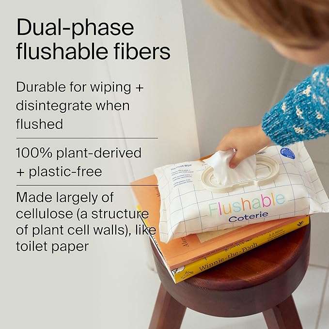 Coterie Flushable Wipes for Toddlers, Designed for Potty Training, Safe for Sensitive Skin, Hypoallergenic, 99% Water, Plant-Based, Fragrance Free, Sewer & Septic Safe, 8 Pack (448 Wipes)