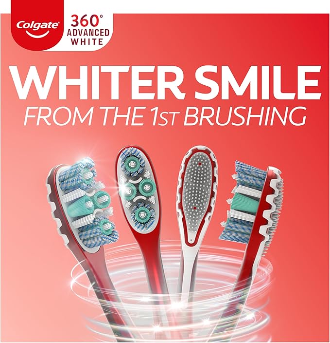 Colgate 360 Advanced Whitening Medium Toothbrush Pack, 4 Adult Medium Toothbrushes with Cheek and Tongue Cleaner, Helps Clean Your Teeth, Tongue, Cheeks, and Gums, 4 Pack