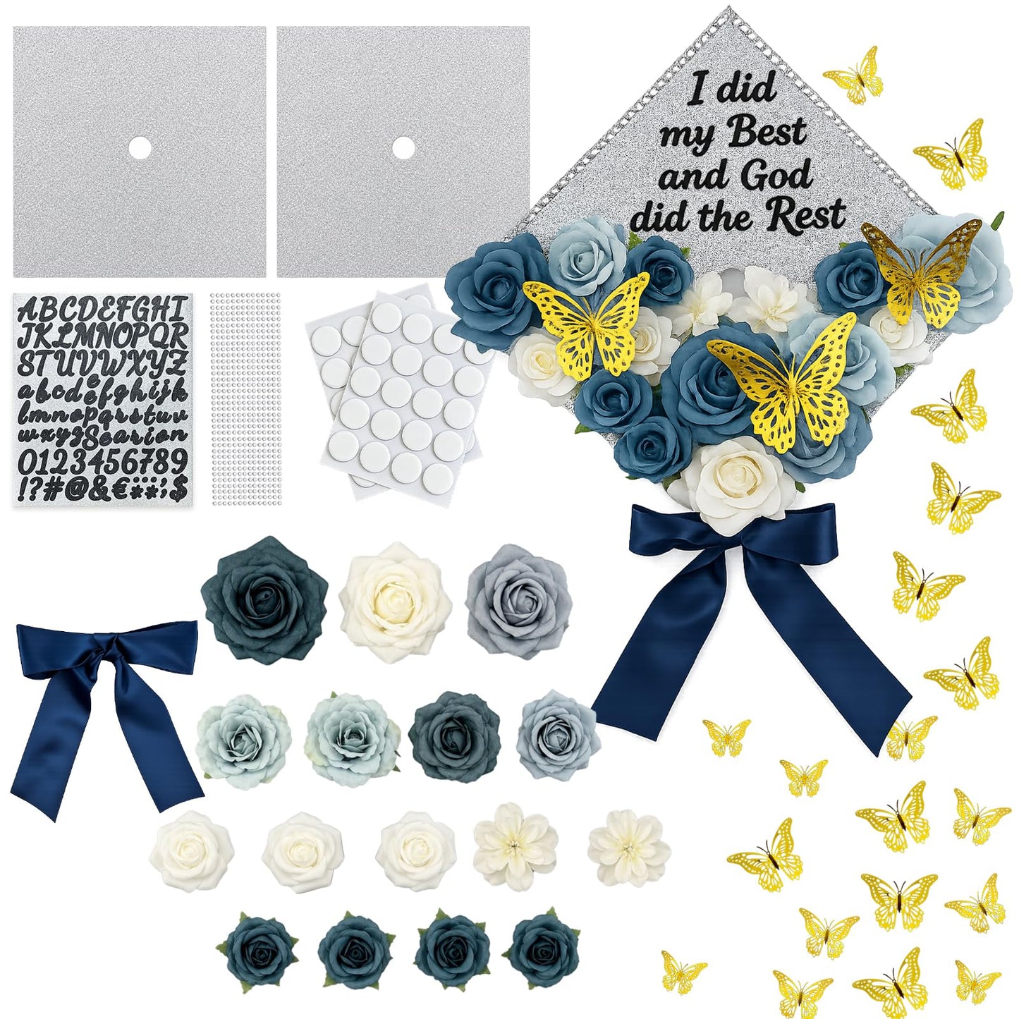 YIXAXKAO DIY Graduation Cap Decorations Kit Graduation Cap Topper Included Faux Rose Flower Heads 3D Butterfly Glitter Letter Stickers Grad Cap Decorations with Graduation Bow (Silver)
