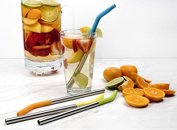 RSVP International Endurance Stainless Steel w/ Silicone Tip Straws, 9 Inch, | Reusable & Multi-Color | BPA-Free Silicone | For Smoothies, Frappes, Sodas, Tea & More | Dishwasher Safe