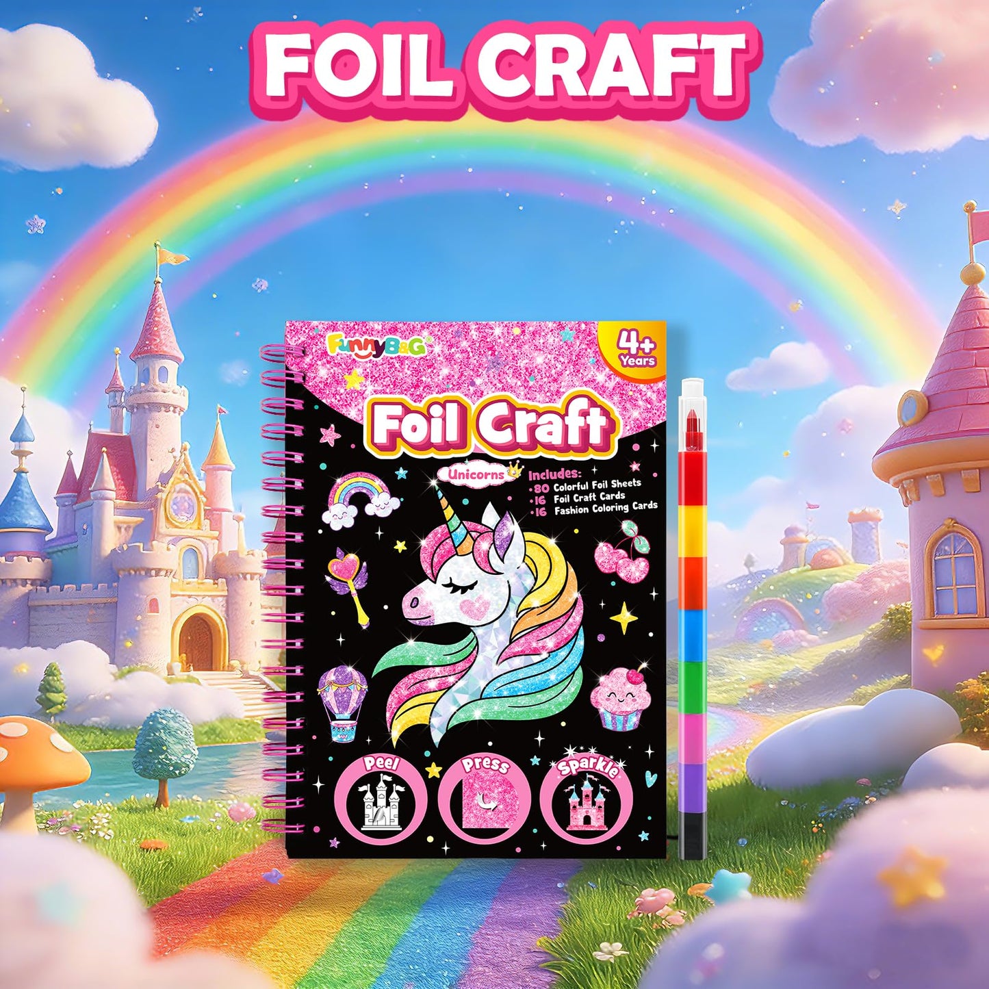 FUNNYB&G Foil Art Craft Kit for Girls 4-10 Years Old: Mess-Free & No-Glue, Create 16 Sparkly Unicorns Pictures – Perfect Travel Toy & Birthday Gift for Kids（Unicorns）