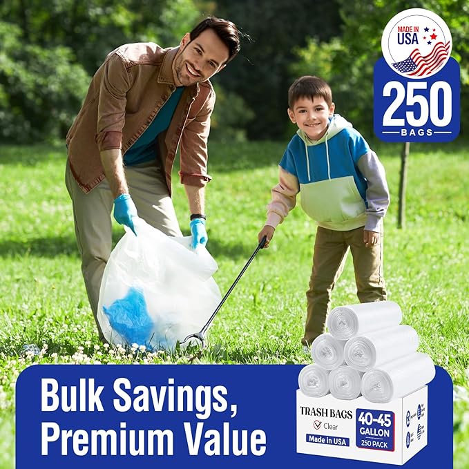 Delxo 40-45 Gallon Clear Trash Bags, 250 Count – Medium Duty Garbage Bags, Thick, Durable & Puncture-Resistant Plastic – Made in USA for Kitchen, Yard, Office & Party