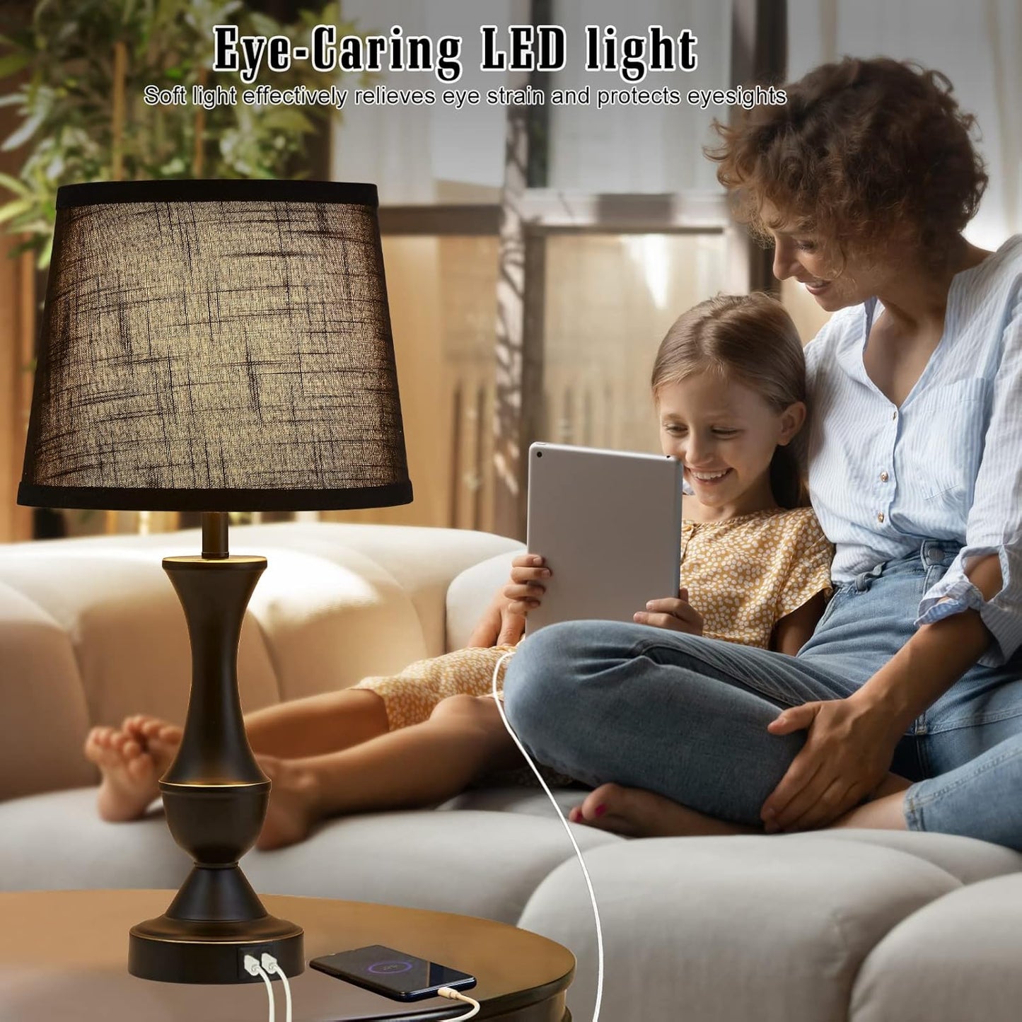 Luvkczc Black Touch Table Lamps Set of 2, 22" Tall Bedside Lamps with USB C+A Charging Ports, Nightstand Lamps for for Bedroom, Living Room, Office, with Black Lampshade, LED Bulb Included