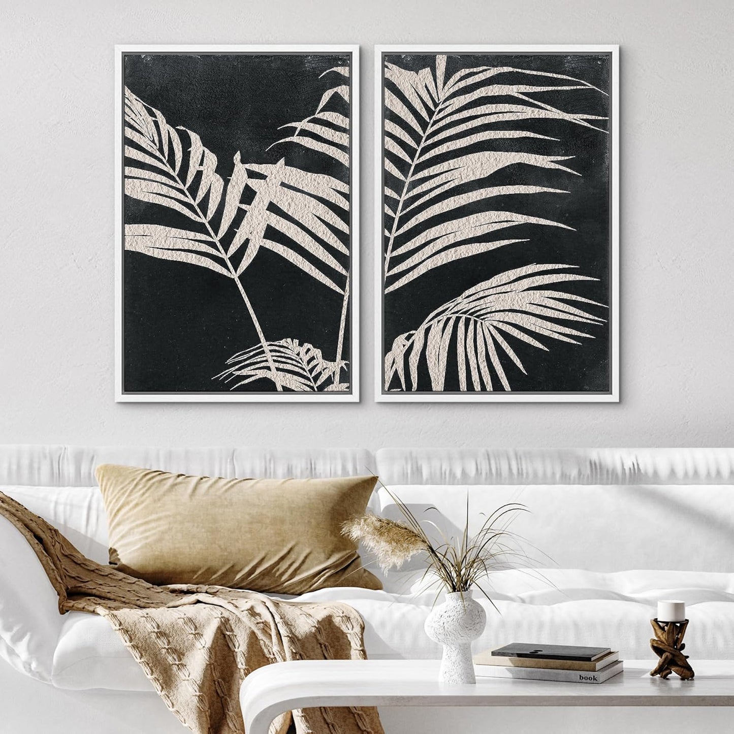 SIGNWIN Framed Canvas Print Wall Art Palm Leaf Print, Minimalist Wall Art, Black White Wall Art Prints for Living Room, Bedroom, Office - 16"x24"x2 White