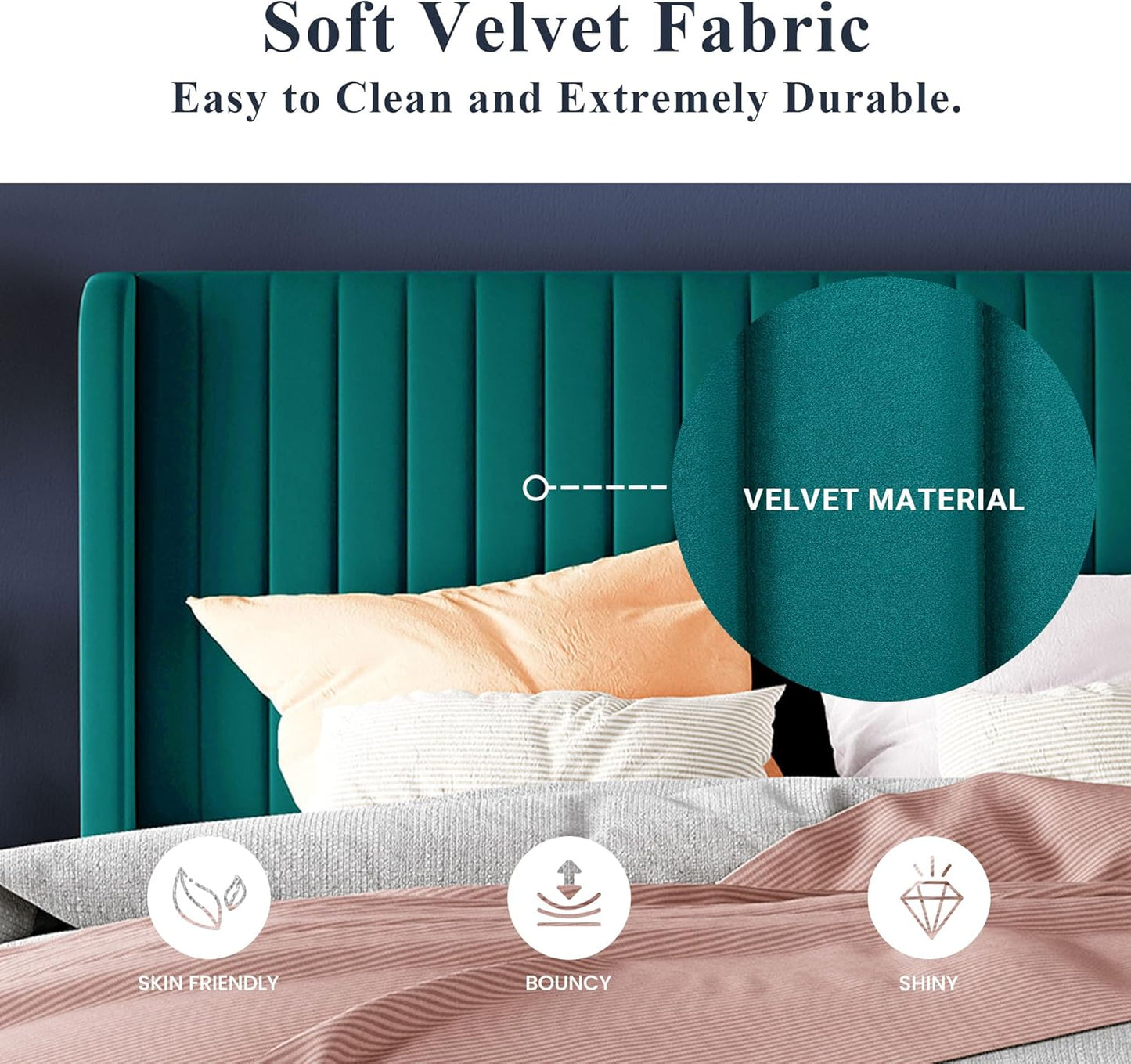 Allewie King Size Bed Frame/Velvet Upholstered Platform Bed/Vertical Channel Tufted Wingback Headboard/Strong Wooden Slats/No Box Spring Needed/Easy Assembly/Teal
