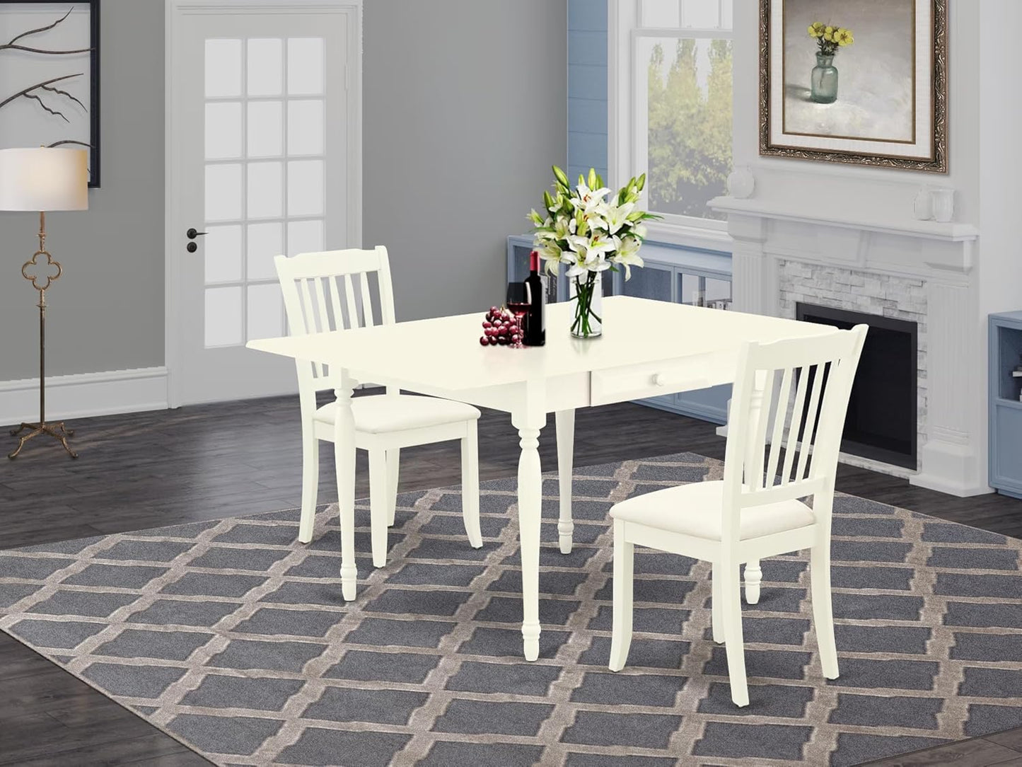 East West Furniture MZDA3-LWH-C 3 Piece Dining Room Table Set Contains a Rectangle Kitchen Table with Dropleaf and 2 Linen Fabric Upholstered Dining Chairs, 36x54 Inch, Linen White