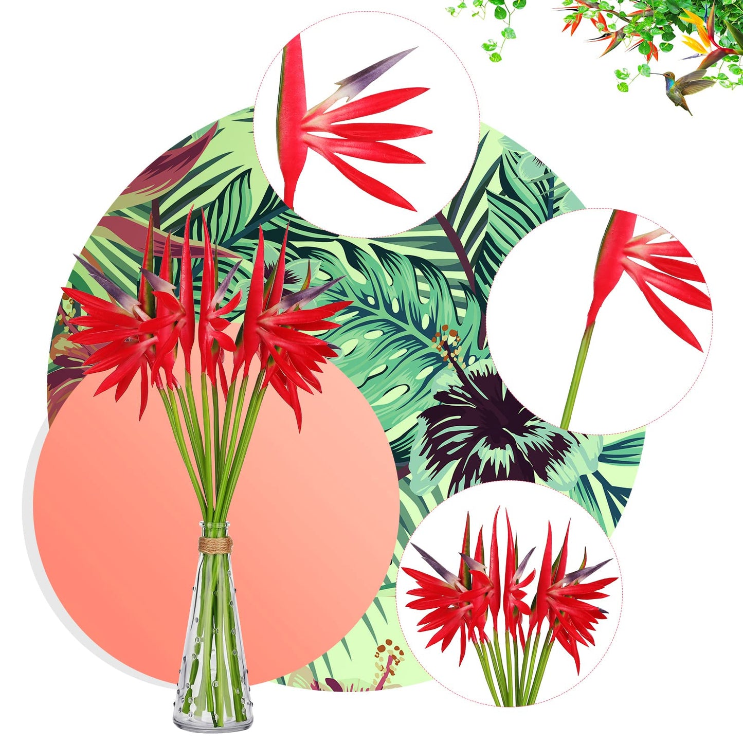 Giegxin 10 Pieces Bird of Paradise Artificial Plant 22 Inch Hawaiian Tropical Flowers Faux Flowers Bouquet Large Elegant Green Plant for Home Garden Decoration Office Wedding Decor Supplies (Red)