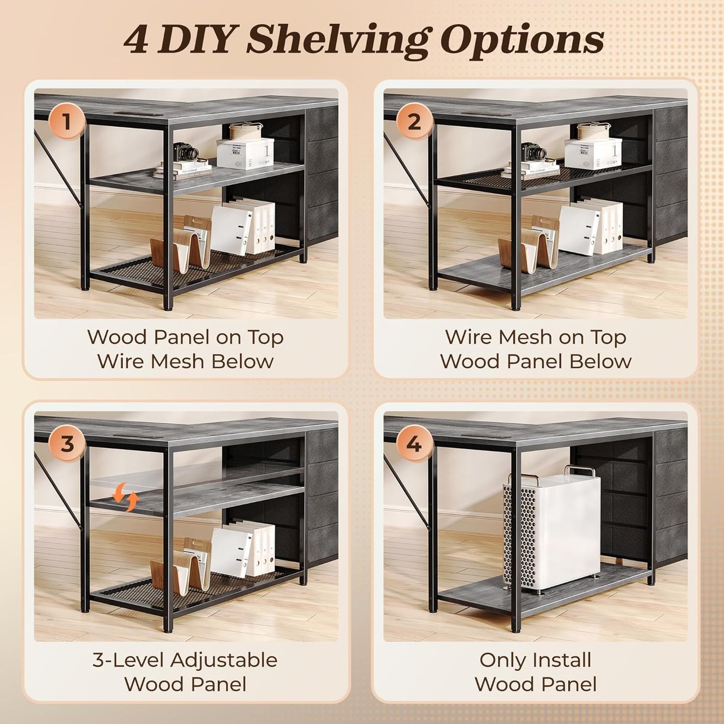 PRAISUN 53" L Shaped Desk with Power Outlets and USB-C Port, Reversible Computer Corner Office Desk with 4 Fabric Drawers and 2 Height-Adjustable Shelves, Large for Gaming Writing Work Study, Grey