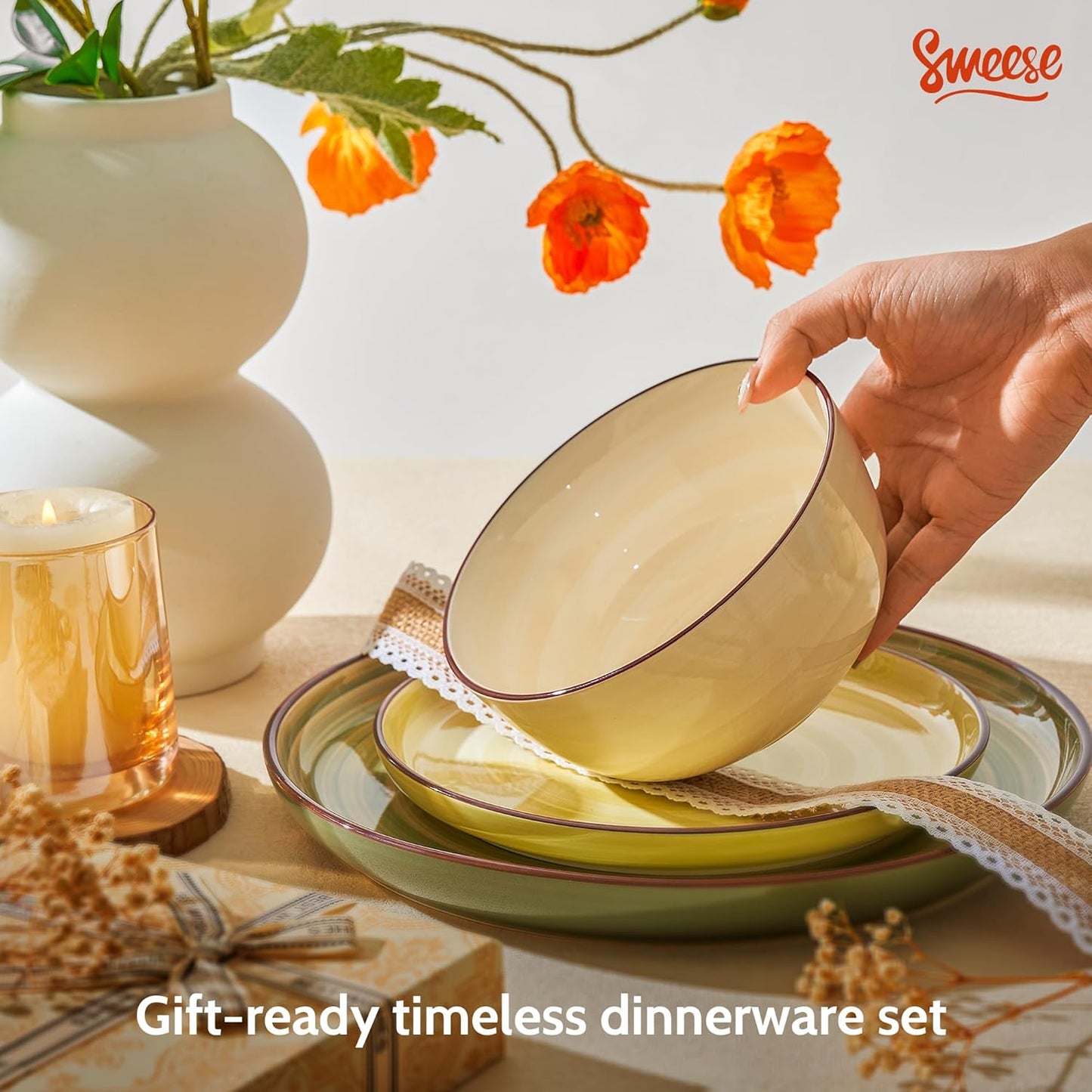 Sweese Plates and Bowls Sets, 18 Piece Dinnerware Set Porcelain Round Dinner Set for 6, Scratch Resistant Dishes Set, Dishwasher and Oven Microwave Safe Handpainted Swirl Dishware Sets, Assorted Green
