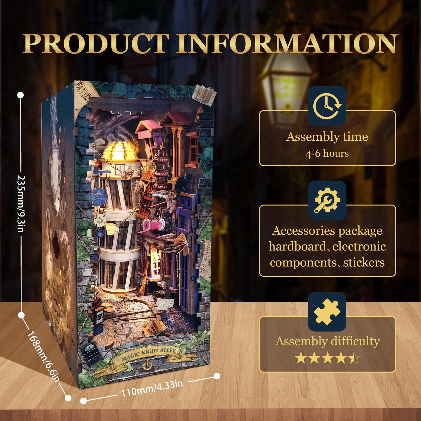STRUCWOOD Magic Book Nook Kit - DIY Miniature House Dollhouse Kit for Adults Teens,3D Wooden Puzzle Booknook Bookshelf Insert Decor,Gifts for Family Friends -Magic Night Alley(SQ-16)