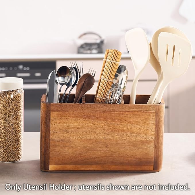 12" Wooden Kitchen Utensil Holder, Extra Large Acacia Wood Organizer for Cooking Tools, Utensils & Cutlery Storage – 3-Compartment Countertop Holder
