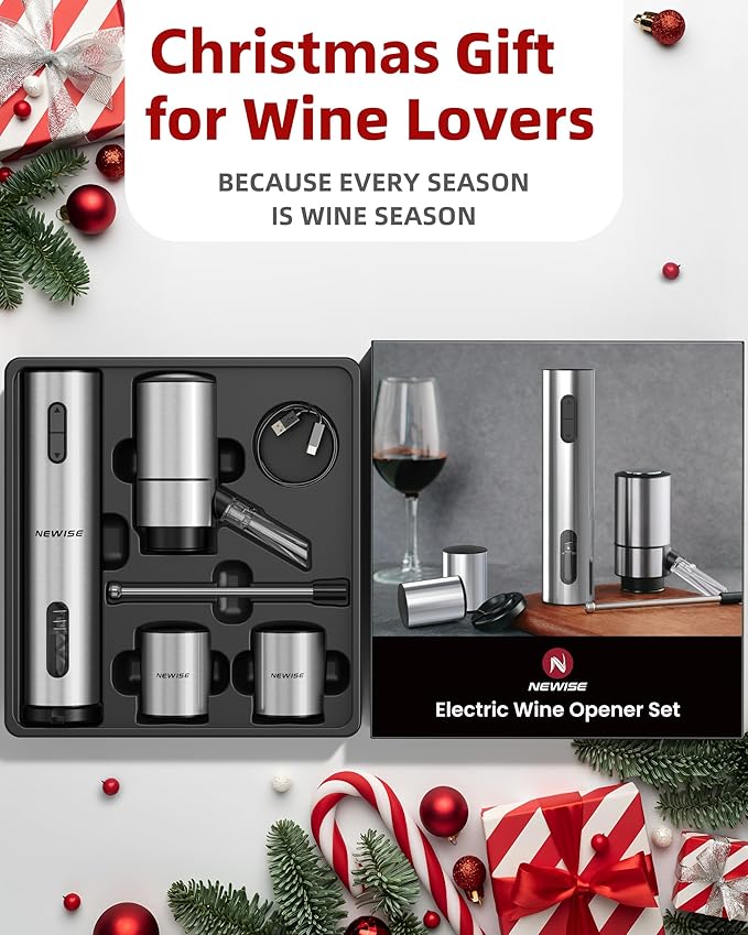 Rechargeable Electric Wine Gift Set: Wine Opener, Aerator, Vacuum Stoppers & Foil Cutter - Wine Lovers Gifts for Women Men - Christmas & White Elephant Gifts