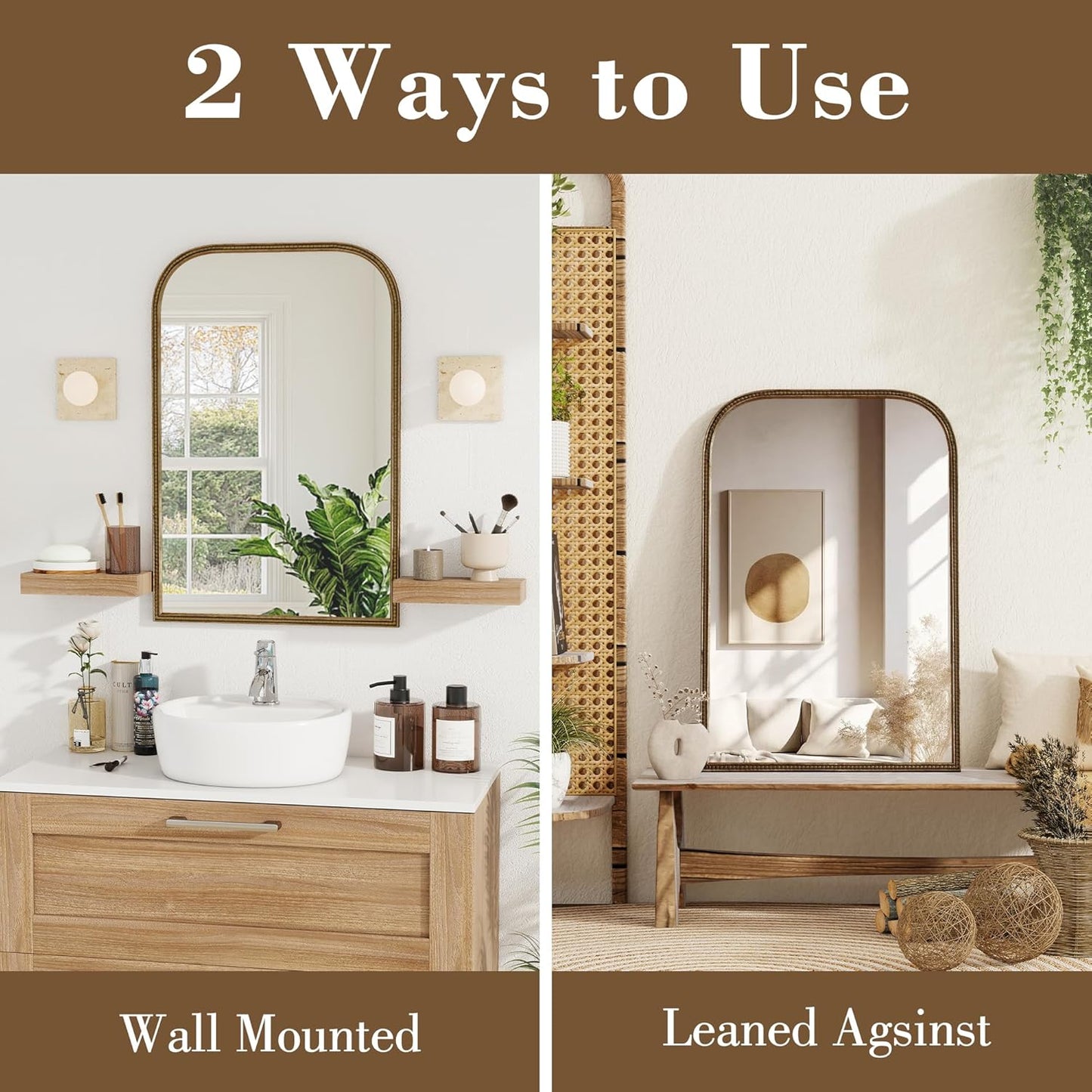 Axeman 32x48 Rounded Rectangular Wall Mirror, Decorative Bathroom Mirror, Traditional Vintage Wall Mounted Mirror with Beaded Frame for Accent Living Room Vanity Bedroom Entryway, Bronze