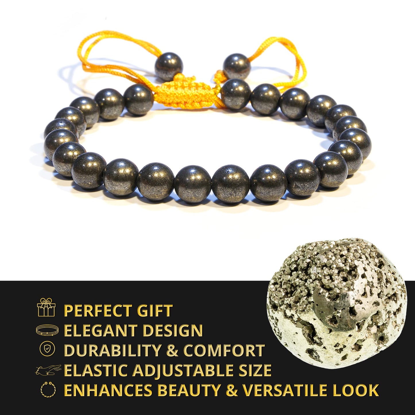 ANAYA AGATE Healing Crystal Bracelet – Chic Gemstone Bracelet for Men and Women – 8mm Round Bead Bracelets for Spiritual Healing, Protection, Positive Energy - Pyrite