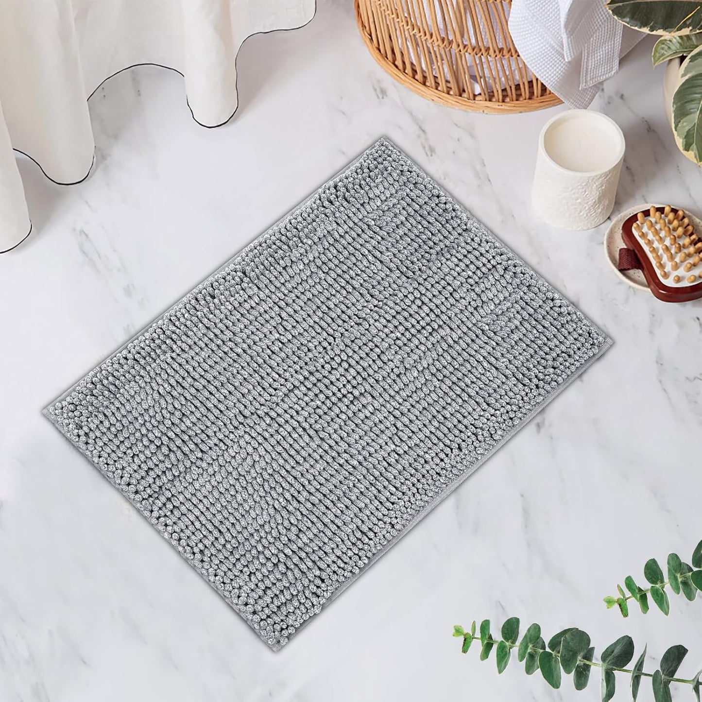 FRESHMINT Chenille Bathroom Rugs Mat 24"x17", Non-Slip Bath Mat for Bathroom Floor & Bathtub, Washable Shower Shag Bath Rugs, Soft Fluffy Thick Water Absorbent Microfiber Shower Mat, Gray Heather