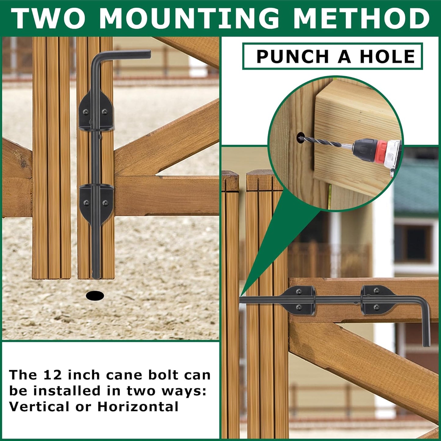 12" Heavy Duty Cane Bolt, Double Gate Latch with Black Finish, 2 Way Gate Drop Rod for Wood PVC Vinyl Metal Fences Gates, Double Doors-2 Pack