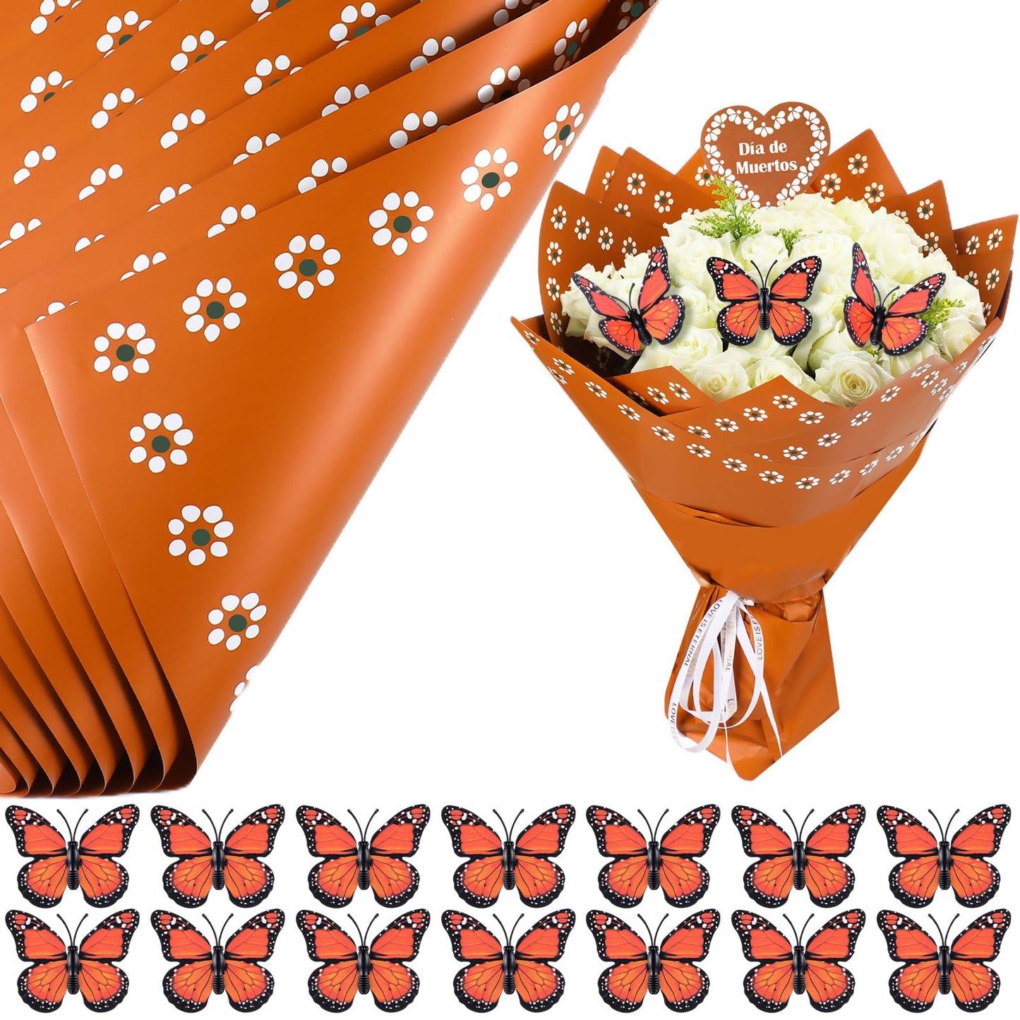 Fullhawl 20 Sheet Mexican Bouquet Floral Wrapping Paper with 10 Monarch Butterflies Waterproof Wrap for Mother's Day Wedding Birthday Baby Shower & Cinco de Mayo Party Gift Flower DIY Packaging