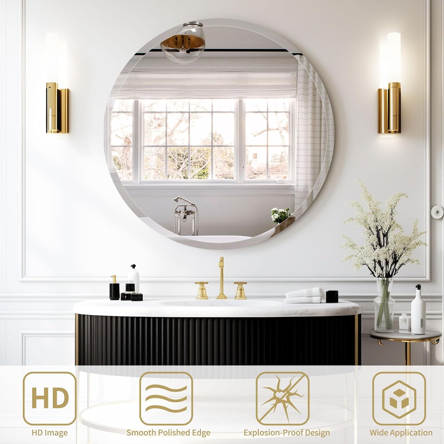 24" Frameless Beveled Round Mirror with 1" Edge for Bathroom, Entryways, Vanity Wall Decor