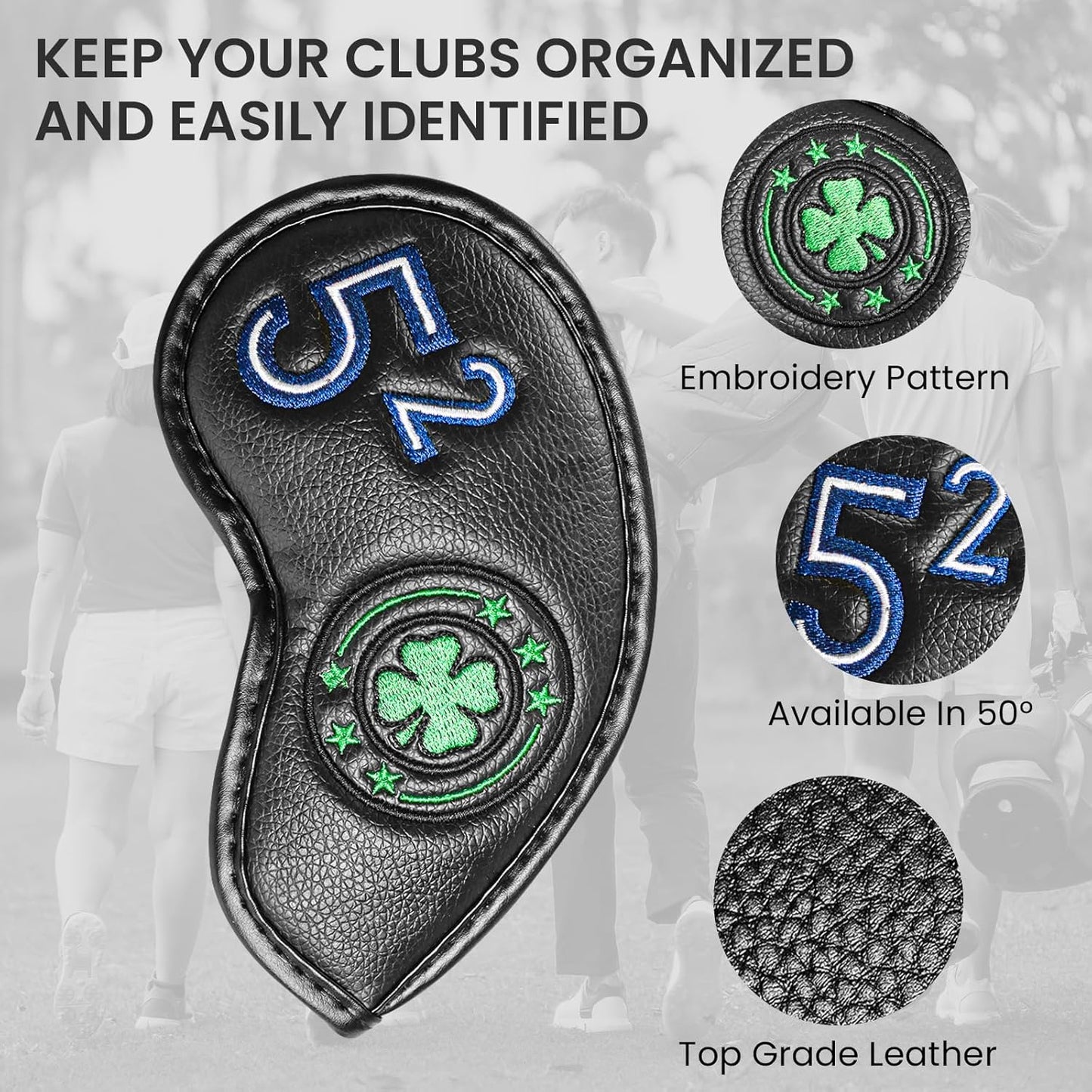 Golf Iron Wedge Head Covers 52° 54° 56° 60° 1 or 4 Pack, Synthetic Leather Clover USA Flag Design Club Head Protection, Universal Headcover Fit Iron Clubs for Men Women