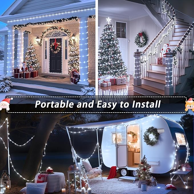 JMEXSUSS 2 Pack White Christmas Lights Battery Operated Rope Lights Outdoor Waterproof, Total 200 LED 8 Modes Battery Powered String Light with Remote for Tree Christmas Decorations
