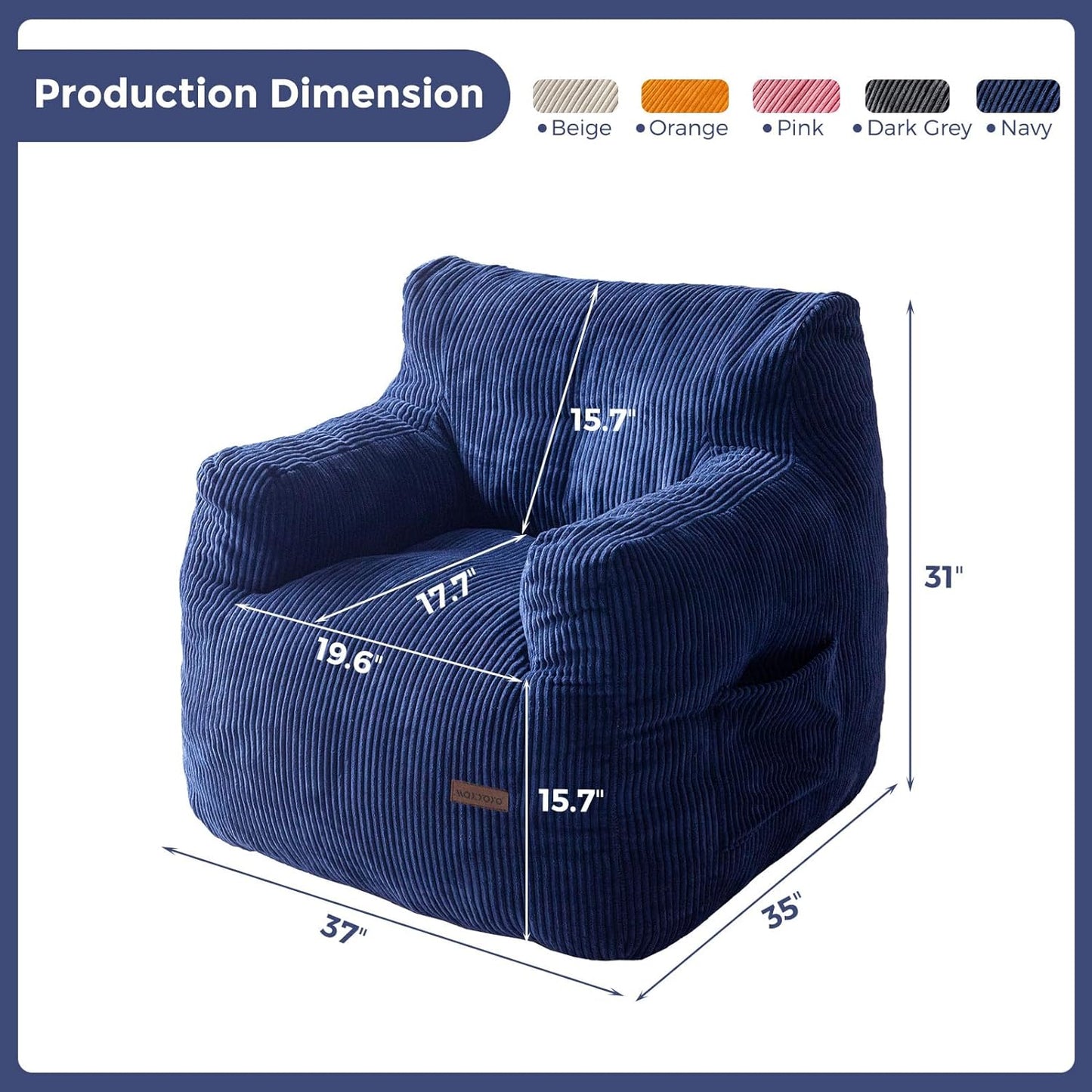 MAXYOYO Bean Bag Chair, Tufted Bean Bag Couch Lazy Chair, Living Room Sofa Couch with Filler for Adult Teens Kids, Corded Fabric Accent Sofa for Bedroom Dorm, Navy