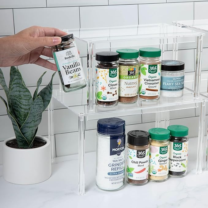 Acrylic Cabinet Shelf Organizer Set of 4 Spice Rack, Desk, Countertop Shelf, Bathroom, Pantry, Kitchen Storage, Refrigerator and Organization Stackable Shelves