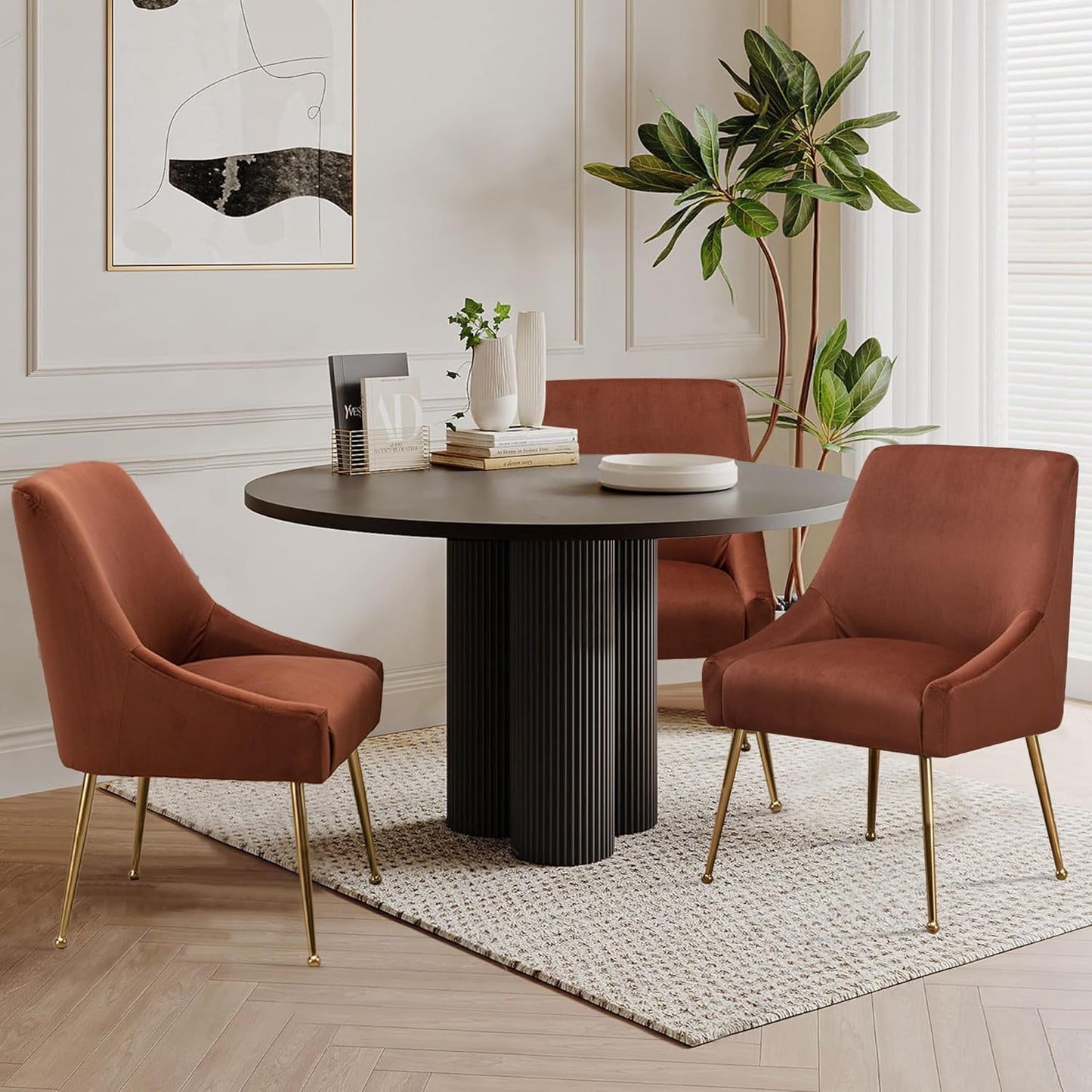Modern Velvet Dining Chairs Set of 4, Contemporary Upholstered Furniture Collection with Polished Gold Metal Legs, Elegant Accent Chairs for Kitchen Living Room(Brown)