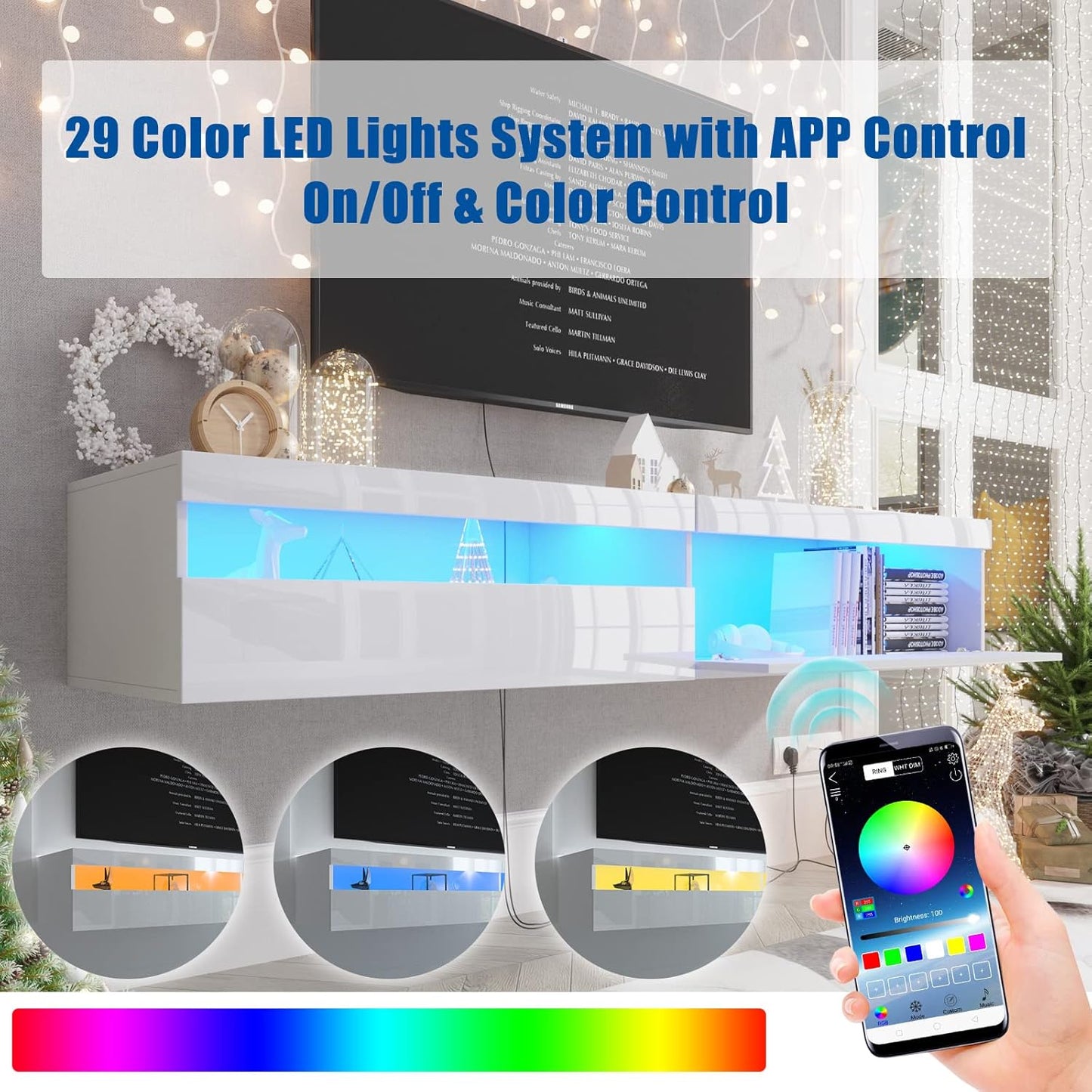 Floating TV Stand with Led Lights, 71 inch Wall Mounted TV Shelf with Power Outlet, Modern Entertainment Center Media Console with Storage Cabinet, Up to 80 Inch TVS, White