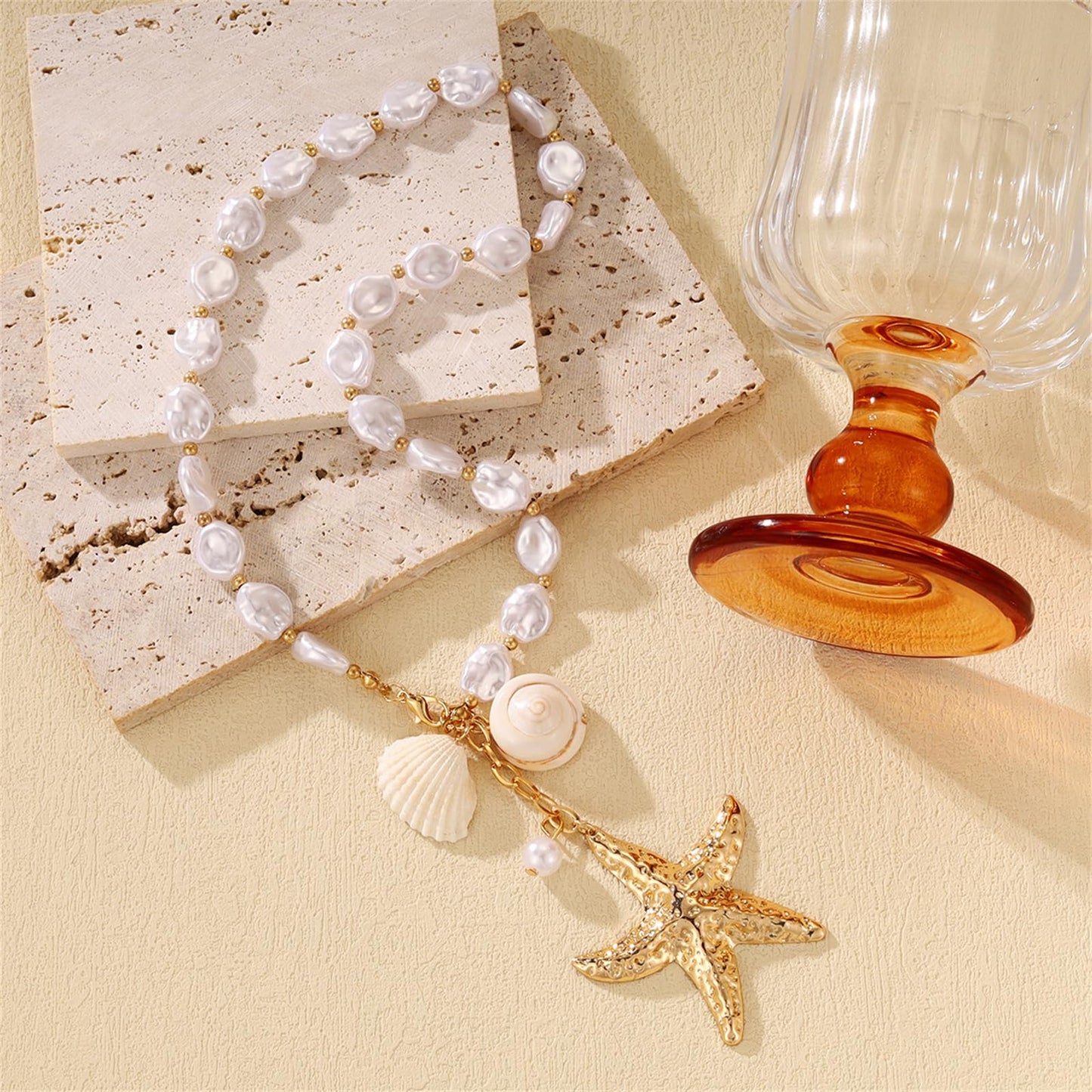 Boho Starfish Seashell Layered Necklace Gold Silver Plated Dainty Charm Double Layer Sea Shell Lucky Stars Ocean Animal Chain Necklace for Women Hawaiian Summer Beach Vacation Jewelry Gifts (Big starfish choker)