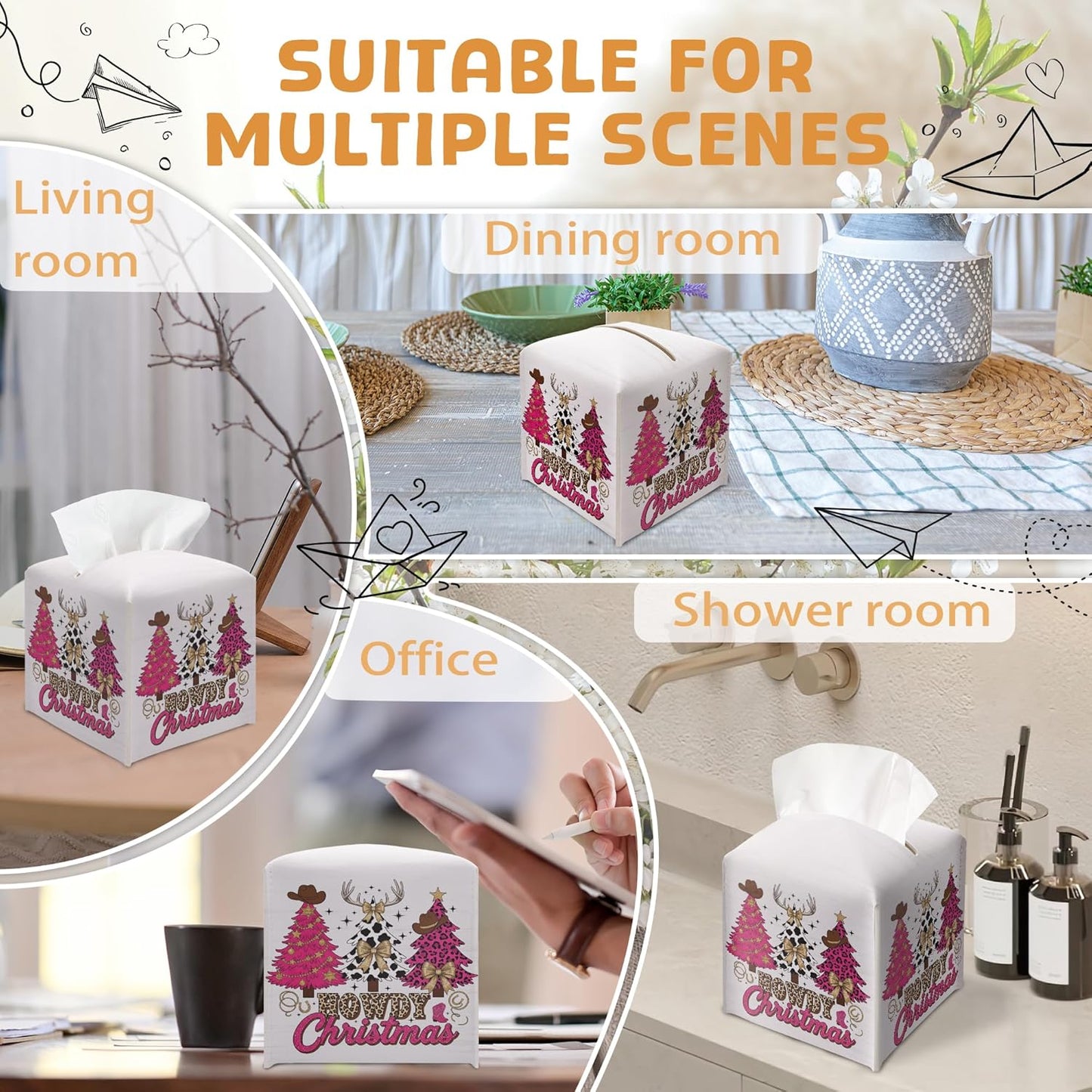 Christmas Tissue Box Holder, Pink Western Cowboy Christmas Trees Leather Tissue Box Cover Square, Paper Facial Decorative Tissues Cover for Night Stands Bathroom Office Home Decor-B08