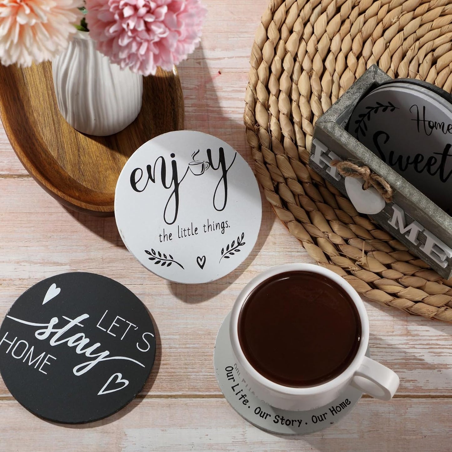 Queekay Housewarming Gifts for Home Decoration Wooden Heart Coasters for Drinks 6 Set Farmhouse Coasters with Holder Funny for Family Coffee Table Protection, 4''(Gray)