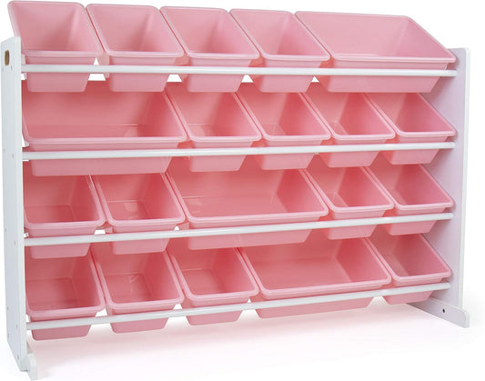 Humble Crew Extra-Large Toy Organizer with 20 Plastic Bins – Pink/White Storage Rack with 4-Tier Shelves, Anti-Tip Safety, for Kids’ Rooms, Playrooms, Nurseries & Classrooms