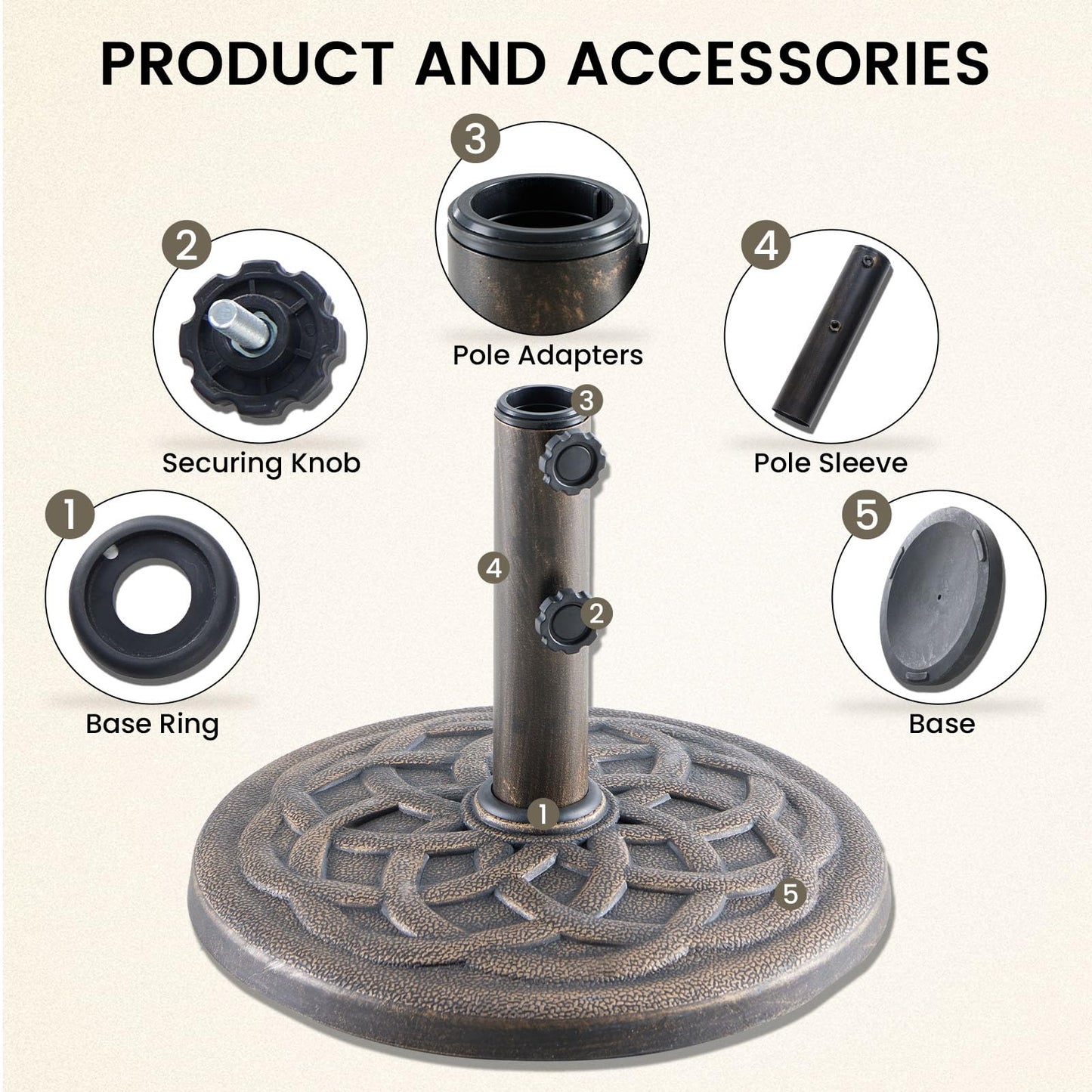 DUMOS 22LBS Heavy-Duty Outdoor Umbrella Base, Weather-Resistant Resin Patio Umbrella Stand, Rust-Proof Coated Umbrella Holder for Garden/Pool/Backyard, 2 Securing Knobs, 2 Pole Adapters, Bronze