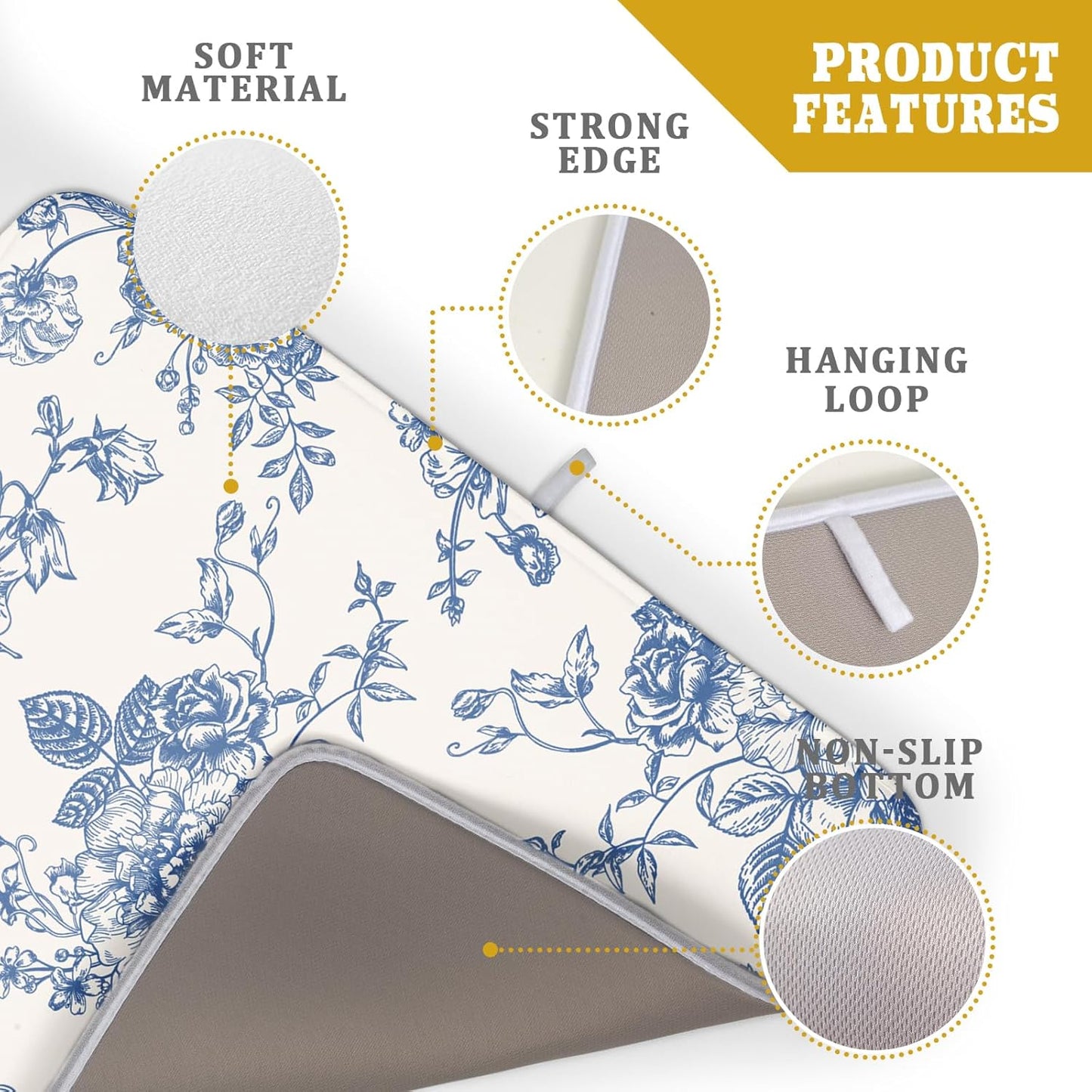 Vintage Blue Floral Dish Drying Mat for Kitchen Counter 18x24 Inch Chinoiserie Flowers Absorbent Reversible Microfiber Dish Pad Dish Drainer Rack Mats Countertops Protector Mat
