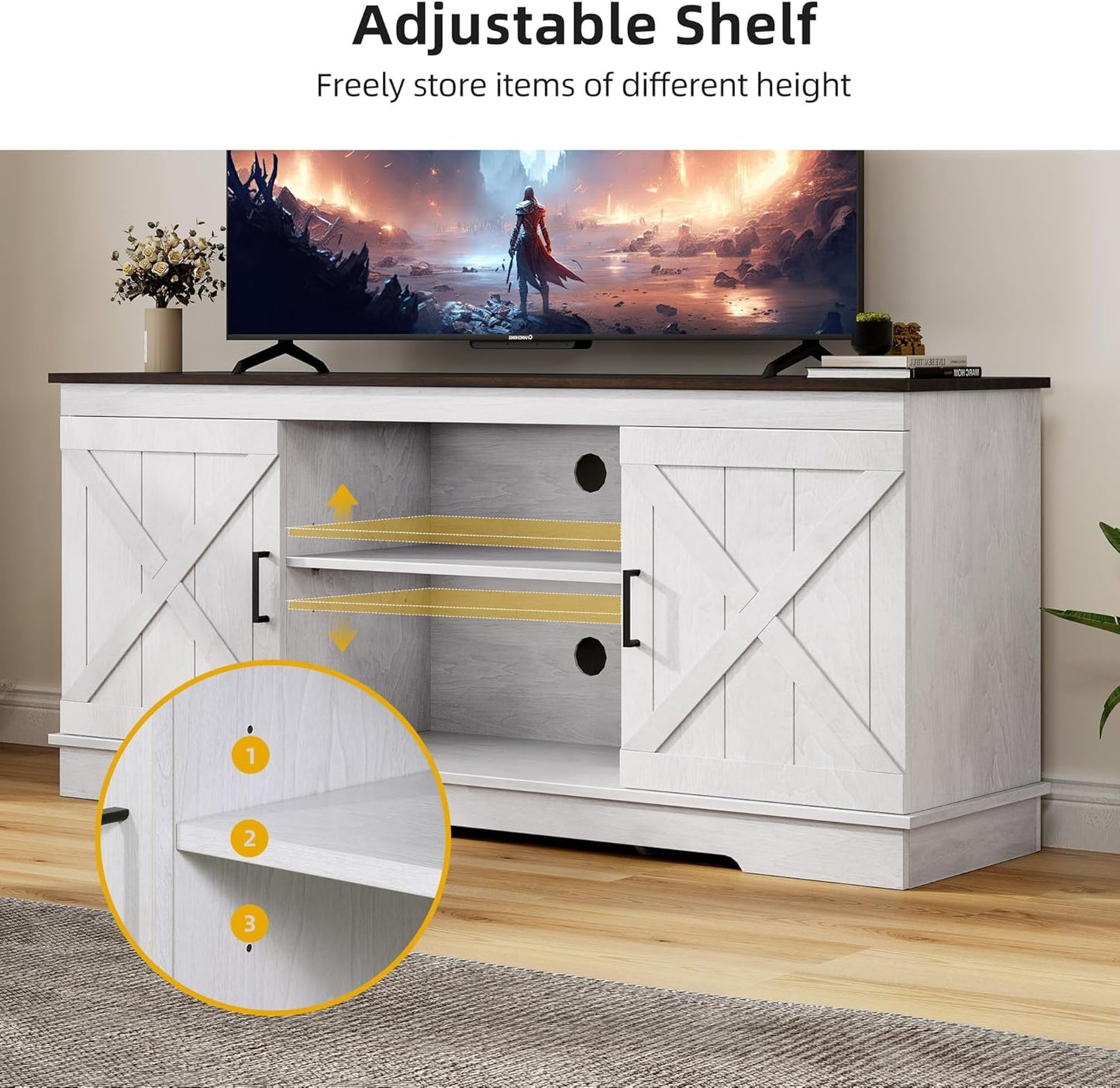 DWVO Farmhouse TV Stands for Living Room, Entertainment Center with Storage, TV Stand for 65 Inch TV with Double Barn Doors & Storage Cabinets, Rustic TV Cabinet Media Console, Espresso & Grey White
