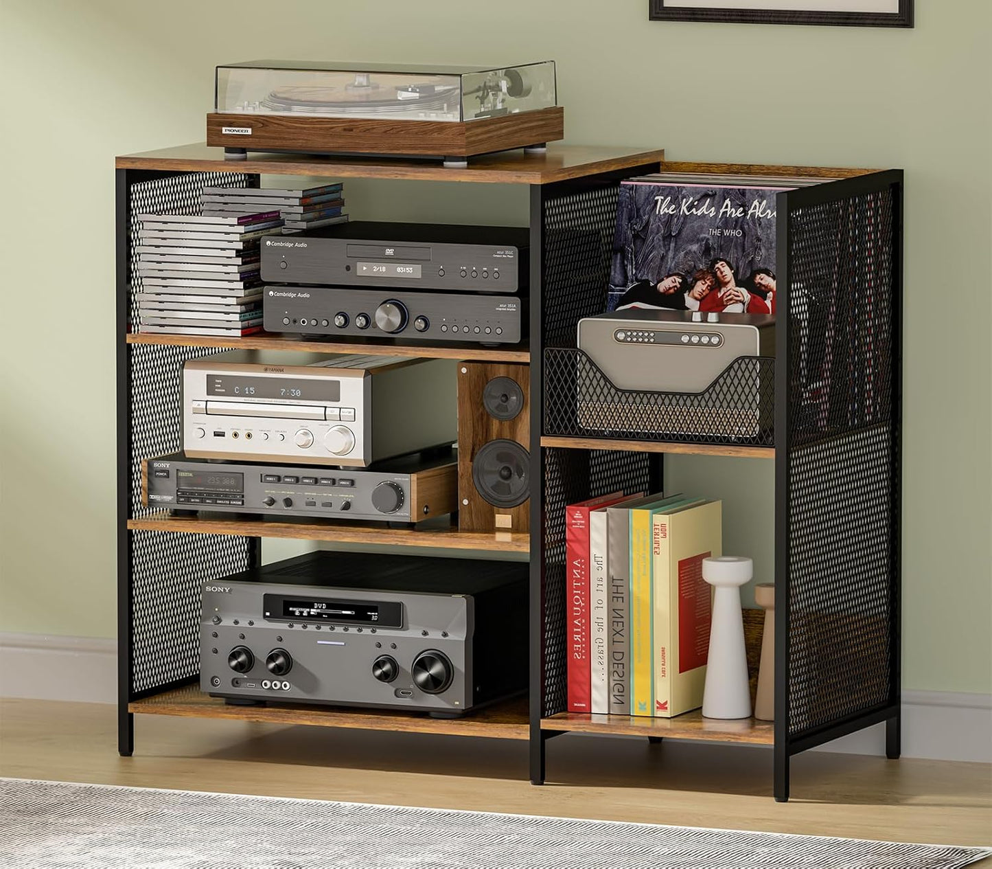 Large Record Player Stand Table with Vinyl Record Holder Up to 150PCS, AV Media Stand Stereo Cabinet Shelf Rack Tower with Storage, Sturdy, Adjustable Feet, Rustic, Large Capacity