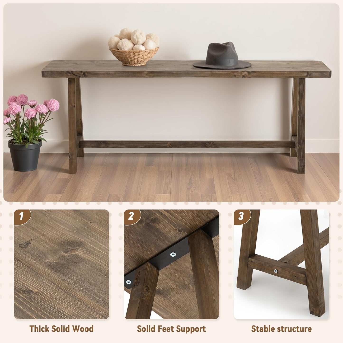 Warmiehomy Solid Wood Bench, 47.2” Rustic Farmhouse Entryway Bench for Living Room Dining Room Hallway Closet Room, Indoors & Outdoors Bench